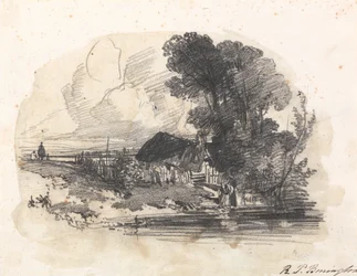 Bäume und ein Cottage an einem Fluss