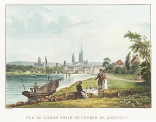 Ansicht von Rouen von der Quevilly Straße (Frankreich). Lithographie von Richard Parkes Bonington (1802-1828), frühes 19. Jahrhundert