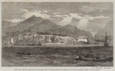 Stadt und Festung von Acapulco an der Westküste Mexikos, mit der englischen und französischen Flotte im Hafen