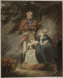 Offizier sucht Schutz mit seiner Frau und Kindern vor einem Sturm (recto); Skizze einer Burg auf einem Hügel (verso)