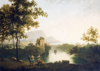 Abend an der Flussmündung mit tanzenden Bauern