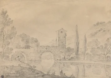 Italienische Landschaft mit dreibogiger Brücke, Brückenhaus, Figuren am nahen Ufer und Pappeln am fernen Ufer