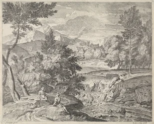 Arkadische Landschaft mit zwei Figuren bei einem Wasserfall