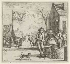 Winterlandschaft mit Gasthaus und Schlittschuhläufern