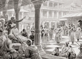 Akbar spielt Pachisi oder Chaupur mit lebenden Figuren in Fatehpur Sikri im Jahr 1575, aus Hutchinson