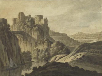 Eine Flusslandschaft mit einer Burg auf einem Steilhang, 1780