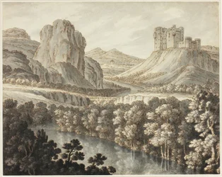 Eine romantische Landschaft mit einer Burgruine