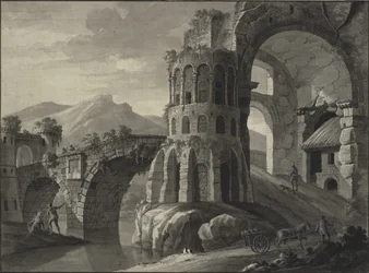 Architektonische Fantasie. Ruine einer antiken Brücke, flankiert von mittelalterlichen Türmen