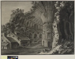 Architektonische Fantasie. Das Innere einer Ruine einer Rotunde mit einem gigantischen Gewölbe