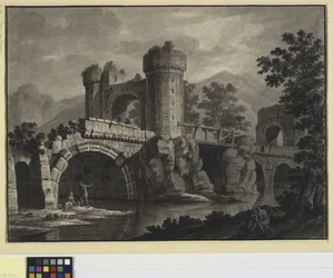 Architektonische Fantasie einer zerstörten Brücke in einer Landschaft