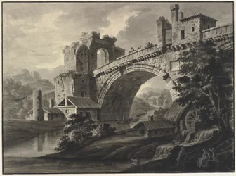 Architektonische Fantasie mit antiker Brücke über einen Fluss und einer Wassermühle im Vordergrund