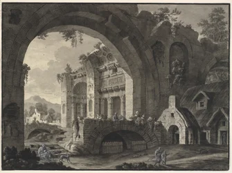 Architektonische Fantasie mit Ruinen eines antiken Bades und Hütten
