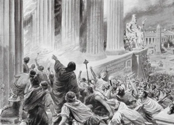 Die Verbrennung der Bibliothek von Alexandria, 391 n. Chr. (Lithografie)