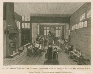 Ein Innenansicht der Schule, die mit und unter einem Teil dessen verbunden ist, was früher John Bunyans Versammlungshaus war