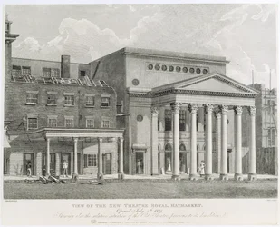 Ansicht des neuen Theatre Royal, Haymarket, eröffnet am 4. Juli 1821, zeigt auch die relative Lage des alten Theaters vor seinem Abriss, graviert von Dale