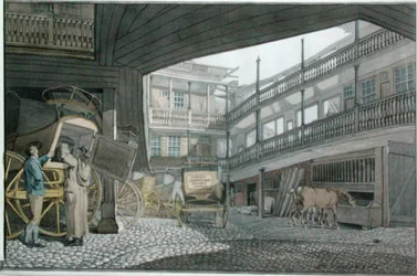 Ansicht des Hofes am Spread Eagle, Gracechurch Street, mit Kutschen und Pferden beim Füttern