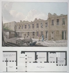 Ludgate-Gefängnis mit einem Plan des Londoner Arbeitshauses, Bishopsgate, darunter, City of London, 1818