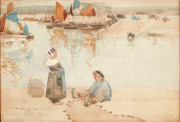 Figuren auf der Hafenmauer, Bretagne