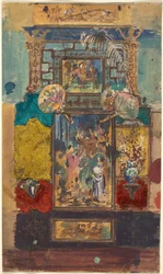 Bühnenbild bestehend aus bemalten Paneelen, Stoffen und Fächern