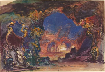 Unterweltszene mit einem thronenden Mann und einer Frau und dem Tod als Wächter