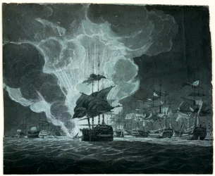 Flotte mit einem brennenden Schiff