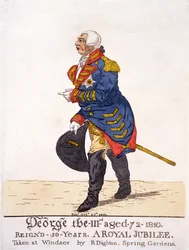 George III. von Großbritannien im Jahr 1810 zu seinem fünfzigjährigen Jubiläum, Druck von R. Dighton nach seiner eigenen Zeichnung, gemacht in Windsor, veröffentlicht am 25. Oktober 1810