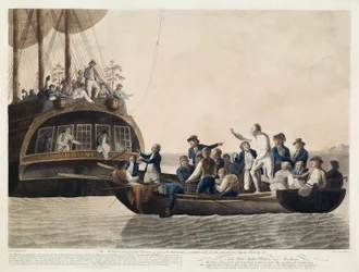 Die Meuterer setzen Leutnant Bligh und einen Teil der Offiziere und Besatzung aus, 29. April 1789, veröffentlicht 1790