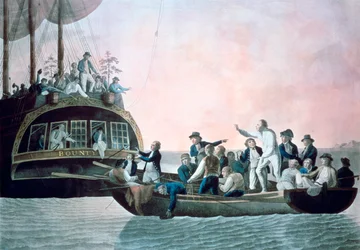 Die Meuterer setzen Leutnant Bligh und die Besatzung von seinem Majestätsschiff Bounty aus, 1790