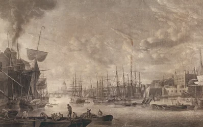 Blick von einem nahe dem Tower of London vertäuten Boot auf die London Bridge, 1793