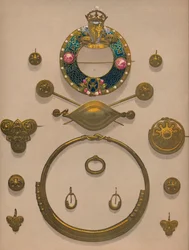 Goldene Ornamente und Brosche, 1863