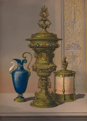 Silbervergoldete und juwelenbesetzte Vase, Porzellanvase, Zigarrenkasten, 1863