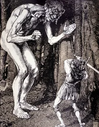 Der Ritter und der Riese (Illustration von Robert Engels, deutsche Gravur, Düsseldorf)