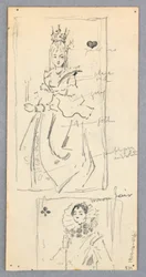 Zeichnung, Straßenszene, Italien (recto); Zwei gerahmte Ansichten von Frauen auf Spielkarten (verso), 1882