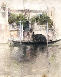 Dame besteigt von einem Palazzo aus eine Gondel