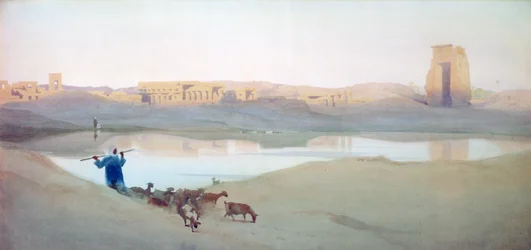 Der Heilige See, Karnak, um 1900. Aquarell. Ägypten Landschaft Wasser Ruinen Ziegenhirte