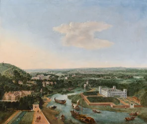 Ein Ausblick auf Syon mit Lastkähnen auf der Themse