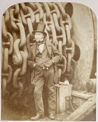 Isambard Kingdom Brunel in Millwall, lehnend an einer Kettentrommel, November 1857