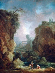 Landschaft mit Wasserfall und Aquädukt