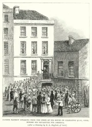 Pater Mathew spricht von den Stufen seines Hauses am Charlotte Quay, Cork, vor seiner Abreise nach Amerika