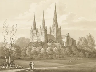 Lichfield Kathedrale - West-Südwest-Ansicht: Sepia-Zeichnung