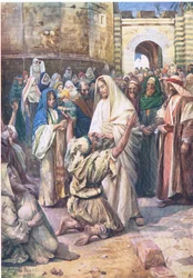 Blinder Bartimäus, aus Das Bibelbilderbuch, veröffentlicht von Thomas Nelson, ca. 1950