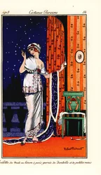 Frau im Abendkleid aus gepunktetem Leinen, verziert mit Spitze und Rosen. Handkolorierte Pochoir-Radierung nach einer Illustration von Robert Pichenot aus Tommaso Antonginis Journal