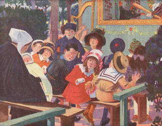 Eine Punch-und-Judy-Show wird von einem weinenden Baby unterbrochen (Farblitho)