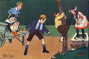 Eine Katze auf der Stange. Gravur in „Was spielen wir?“ von E. Weber mit Aquarellzeichnungen von Robert Salles (1871-1929). Librairie Garnier Freres, Paris