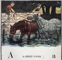 Kinderbuch „Ich werde lesen - Methodisches und lustiges Alphabet von einem Vater“ 1926. Illustration von Robert Salles (1871-1929). Abecedaire: Buchstabe A wie Trinkwasser. Zwei Pferde trinken Wasser
