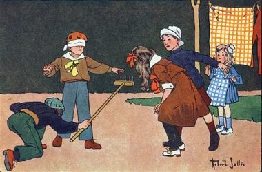 Colin Maillard. Gravur in „Was spielen wir?“ von E. Weber mit Aquarellzeichnungen von Robert Salles (1871-1929). Librairie Garnier Freres, Paris