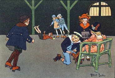Rollschuhlaufen. Gravur in „Was spielen wir?“ von E. Weber mit Aquarellzeichnungen von Robert Salles (1871-1929). Librairie Garnier Freres, Paris