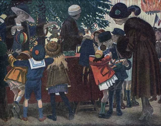 Der Weihnachtsbaum der Lothringer Elsässer: Kinder aus dem Elsass und Lothringen (Elsass-Lothringen) kommen, um ihre Geschenke um den Weihnachtsbaum abzuholen, der der Stadt geschenkt wurde. Illustration von Robert Salles (1871-1929) in „Ich kann lesen“