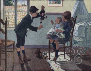 Die Erziehung des kleinen Bruders: In einem Raum sitzt ein Baby auf dem Schoß seiner großen Schwester und schaut sich die Puppe an, die sein Bruder weckt. Illustration von Robert Salles (1871-1929) in „Ich kann lesen“