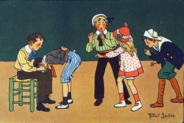 Die warme Hand. Gravur in "Was spielen wir?" von E. Weber mit Aquarellzeichnungen von Robert Salles (1871-1929). Librairie Garnier Freres, Paris
